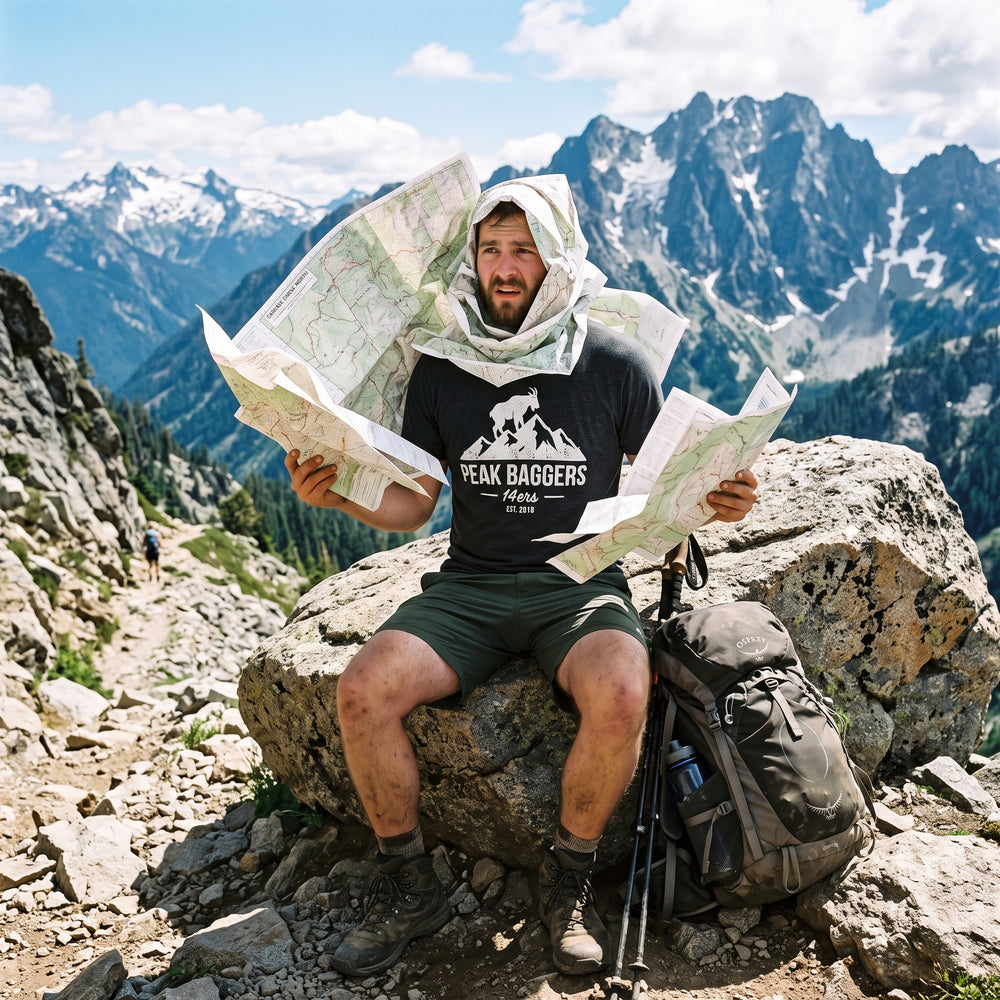 man on top of mountain with map wrapped around his head holding a map