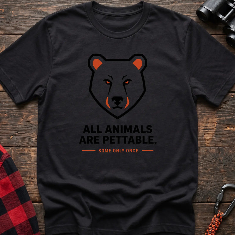 Black hiking t-shirt with geometric bear face and the text “All Animals Are Pettable Some Only Once”