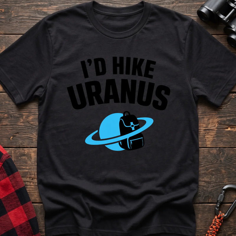 Black hiking t-shirt with a backpack-and-planet graphic and the text “I’d Hike Uranus”