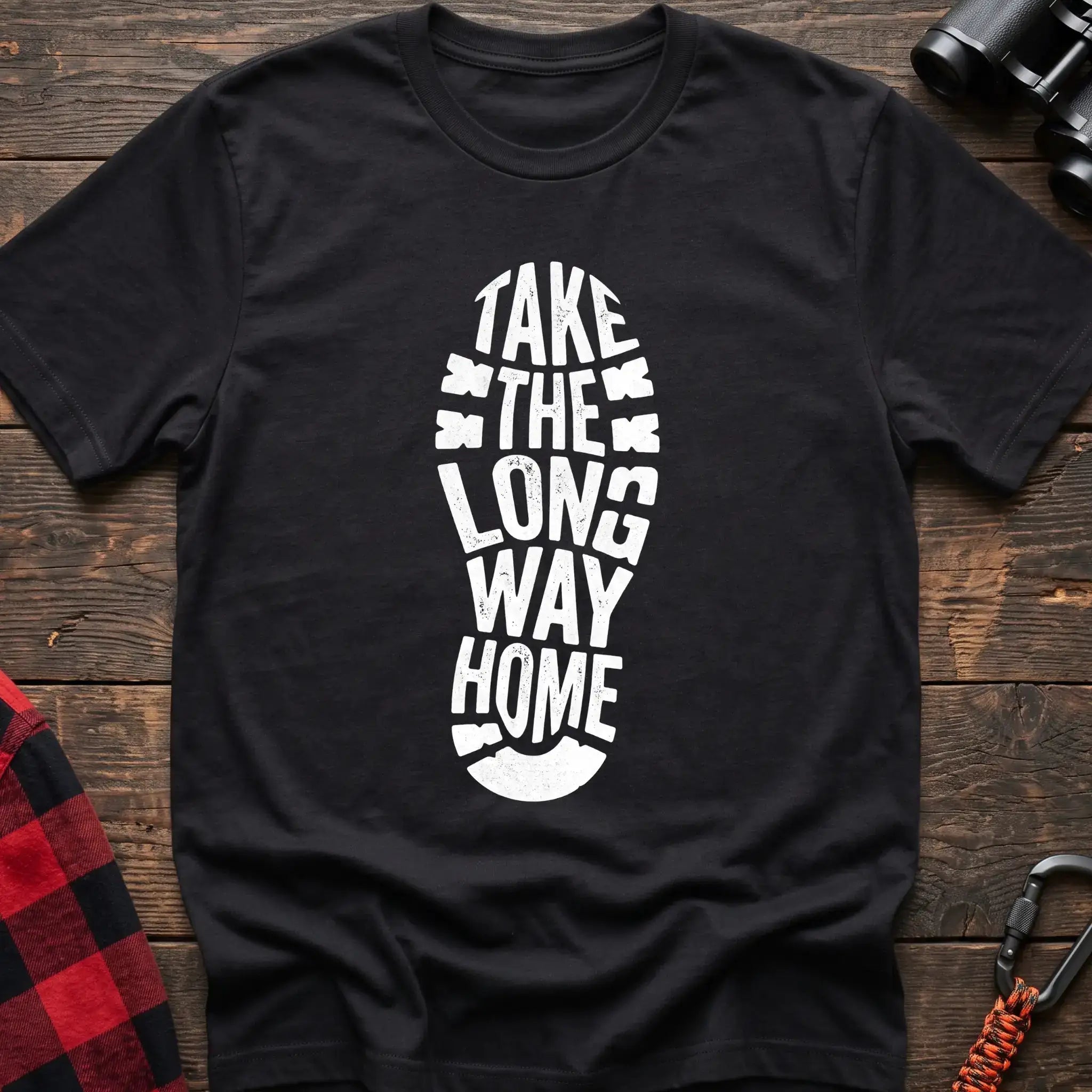 Black t-shirt with white boot print graphic reading Take the Long Way Home