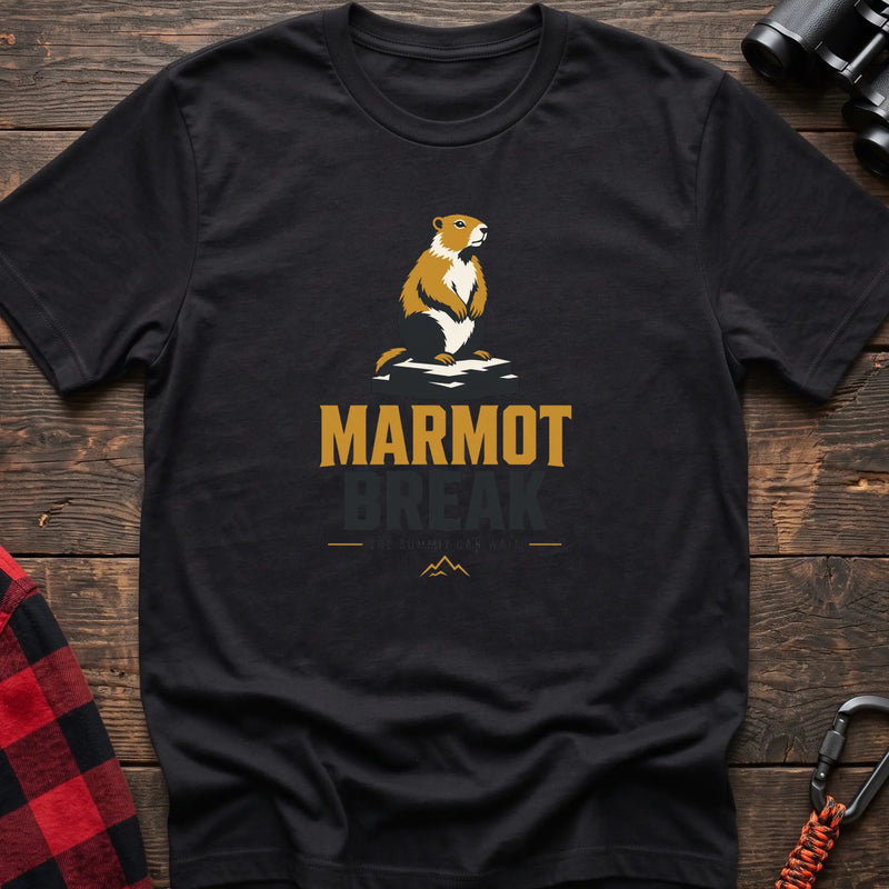 Black hiking t-shirt with a sitting marmot graphic and the text “Marmot Break The Summit Can Wait”