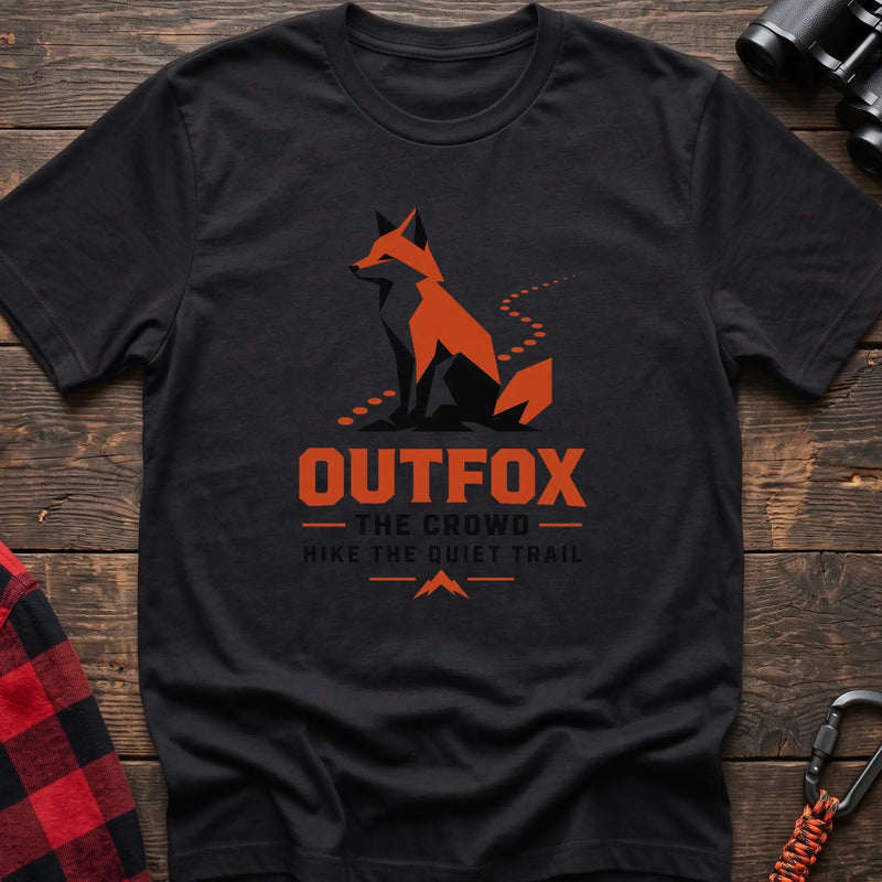 Black hiking t-shirt with geometric fox graphic and Outfox the Crowd Hike the Quiet Trail text