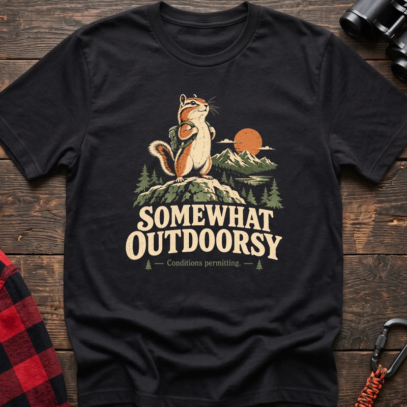 Black cotton t-shirt with a backpack chipmunk graphic and Somewhat Outdoorsy text on rustic wood