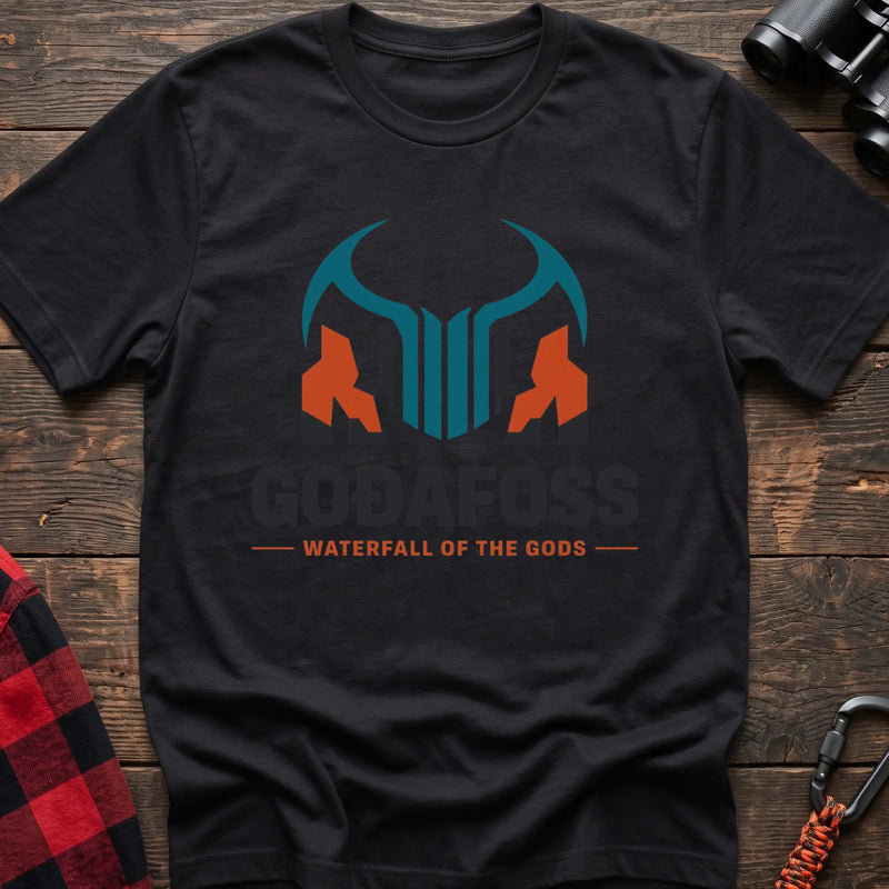 Black cotton t-shirt with a basalt column graphic and Svartifoss Basalt and Bad Weather text on rustic wood