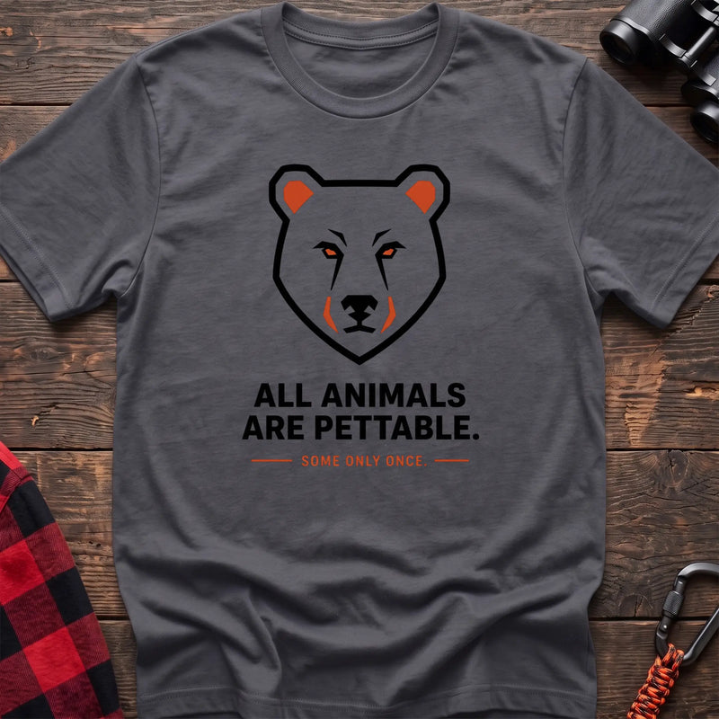 Charcoal hiking t-shirt with geometric bear face and the text “All Animals Are Pettable Some Only Once”