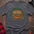 Charcoal cotton t-shirt with a bear in a hammock graphic and Breaks Are Part of the Hike text on rustic wood