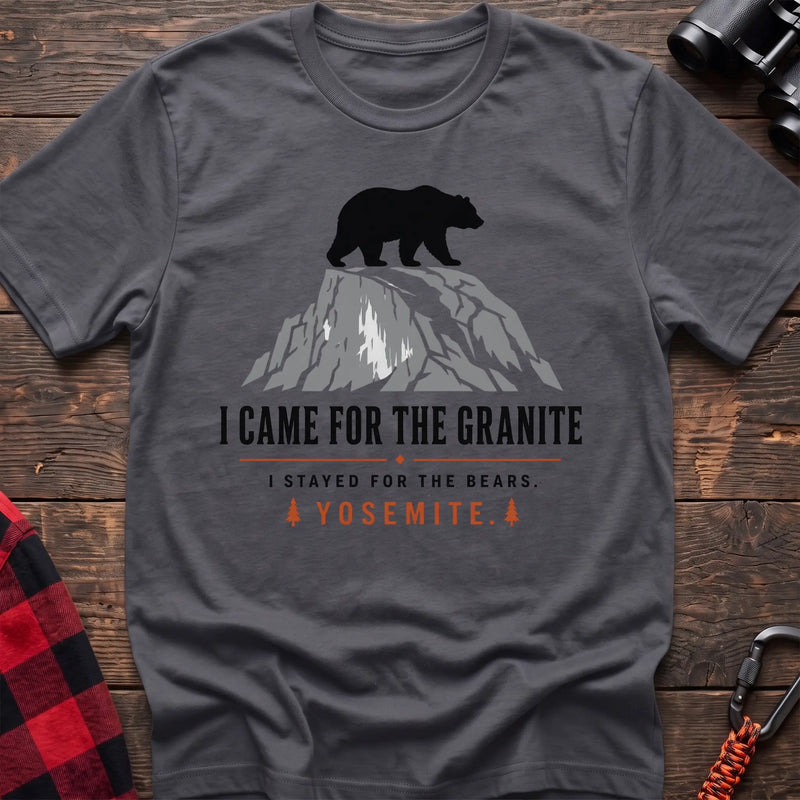 Charcoal cotton t-shirt with a bear on granite graphic and I Came for the Granite Yosemite text on rustic wood