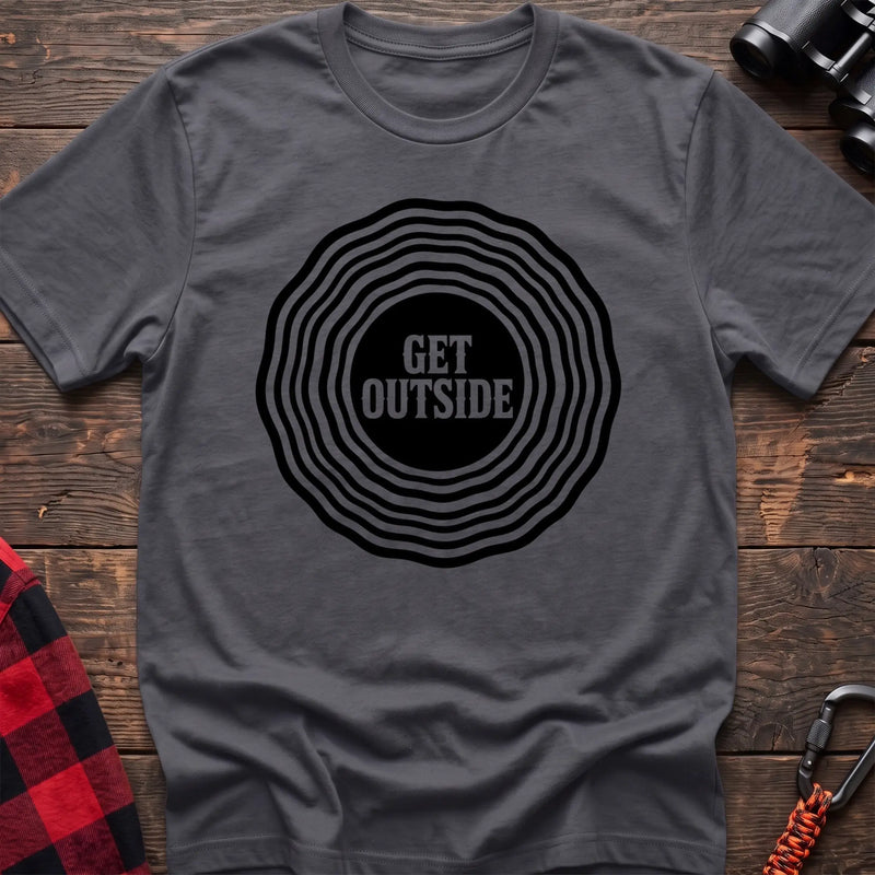 Charcoal hiking t-shirt with Get Outside text inside a black topographic ripple circle graphic