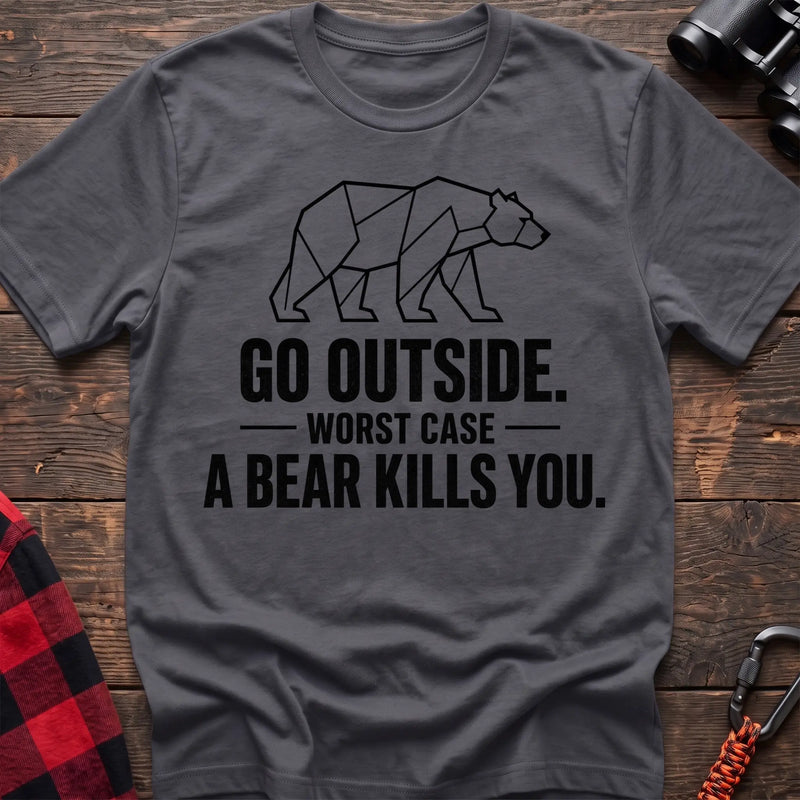 Charcoal cotton hiking t-shirt with geometric bear graphic and "Go outside worst case a bear kills you" quote