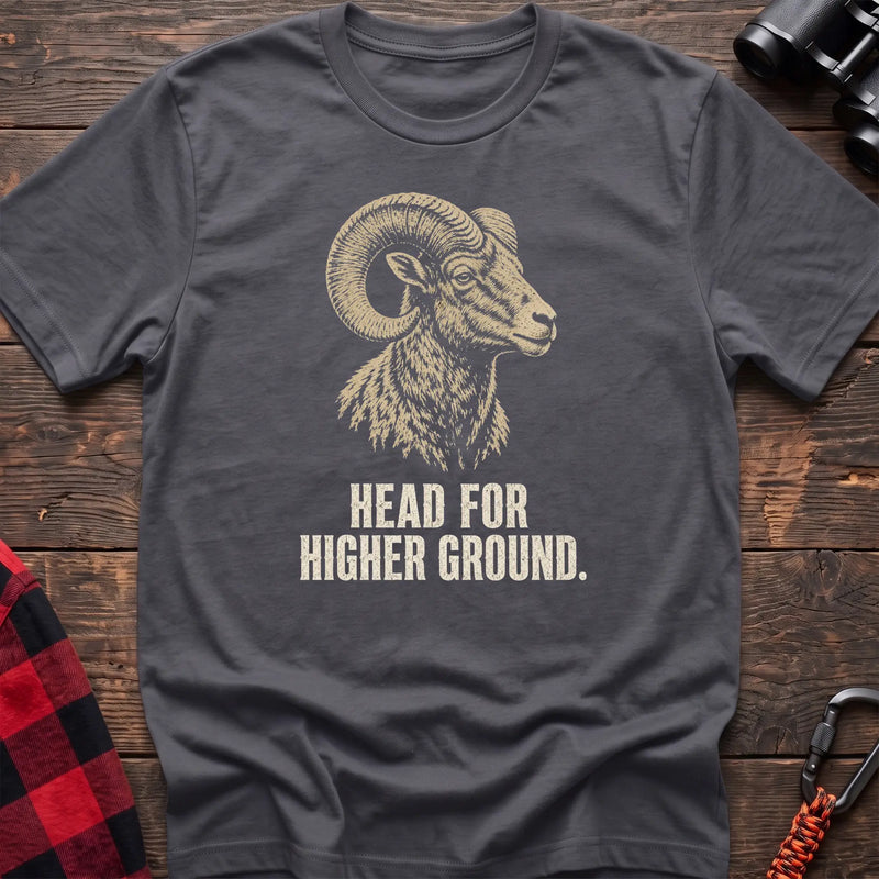 Charcoal cotton t-shirt with a bighorn ram graphic and Head for Higher Ground text on rustic wood