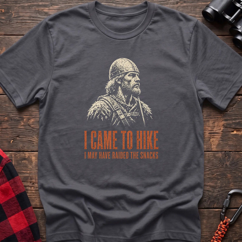 Charcoal cotton t-shirt with a Viking graphic and I Came to Hike I May Have Raided the Snacks text on rustic wood