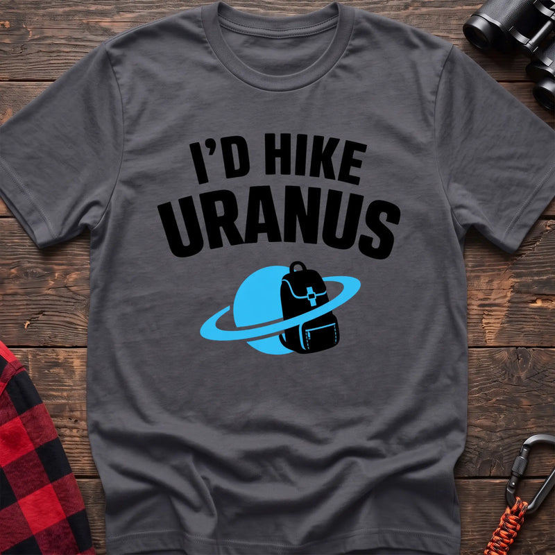 Charcoal hiking t-shirt with a backpack-and-planet graphic and the text “I’d Hike Uranus”