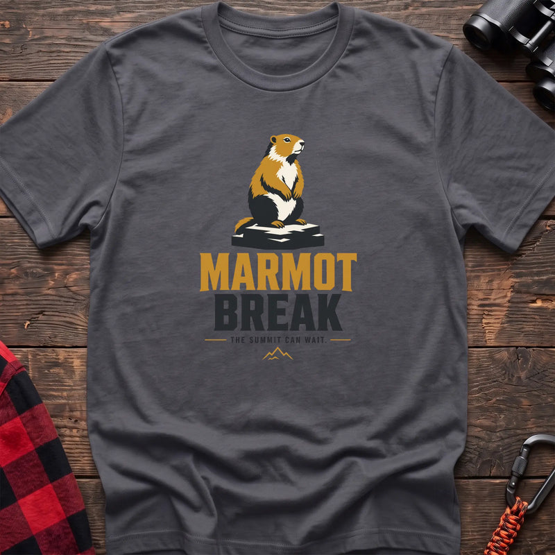 Charcoal hiking t-shirt with a sitting marmot graphic and the text “Marmot Break The Summit Can Wait”