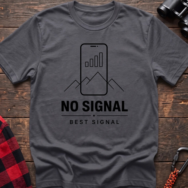 Charcoal cotton hiking t-shirt with phone signal bars as mountains graphic and "No signal best signal" quote