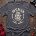 Charcoal cotton t-shirt with a wolf graphic and Out of Breath Hiking Society text on rustic wood