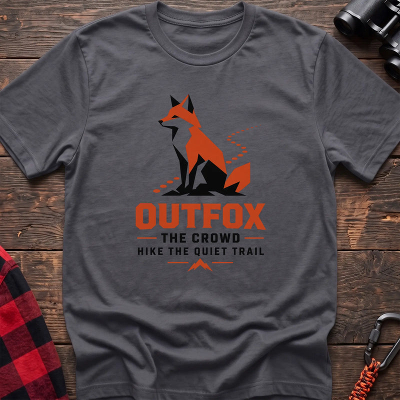 Charcoal hiking t-shirt with geometric fox graphic and Outfox the Crowd Hike the Quiet Trail text