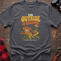 Charcoal cotton t-shirt with a rotary phone on a stump graphic and The Outside Is Calling text on rustic wood