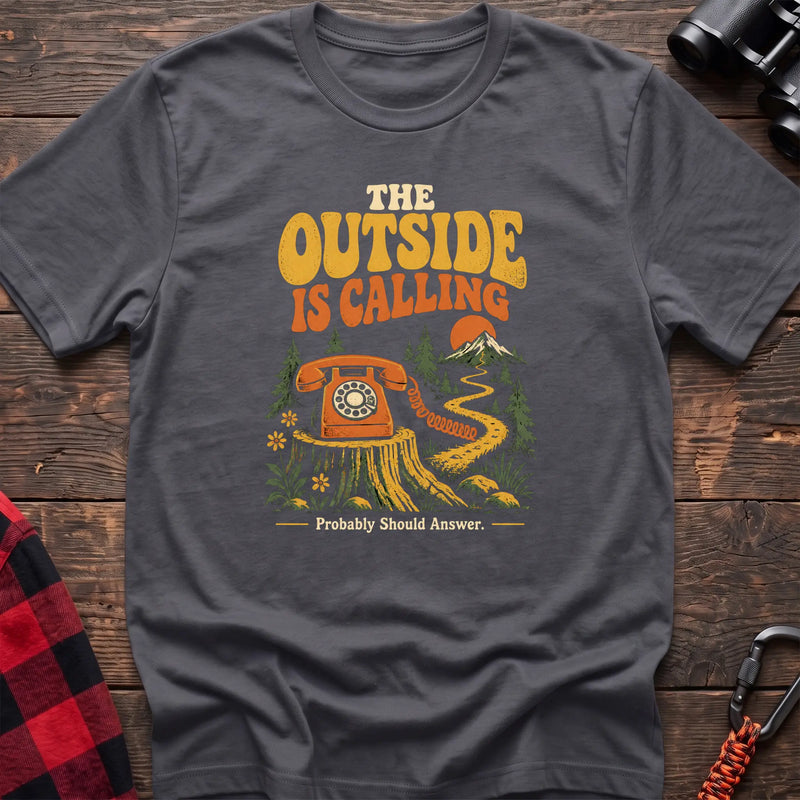 Charcoal cotton t-shirt with a rotary phone on a stump graphic and The Outside Is Calling text on rustic wood