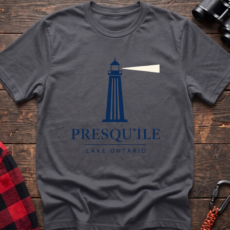 Charcoal cotton t-shirt with a navy lighthouse graphic and the text “Presqu’ile Lake Ontario”