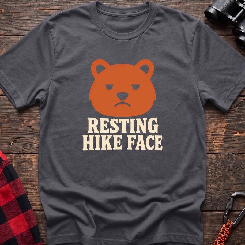 Charcoal cotton t-shirt with a grumpy bear graphic and Resting Hike Face text on rustic wood