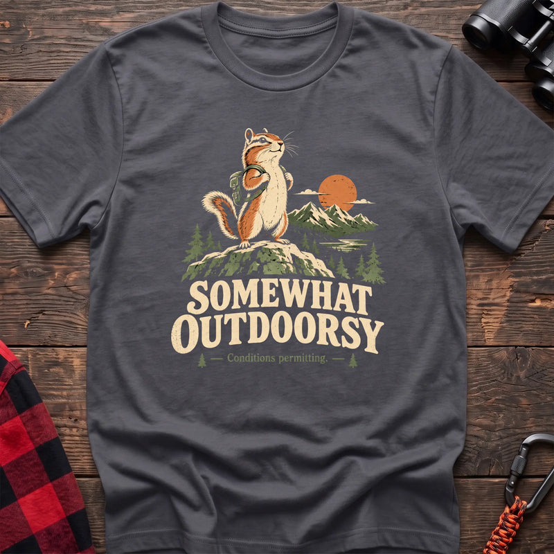 Charcoal cotton t-shirt with a backpack chipmunk graphic and Somewhat Outdoorsy text on rustic wood