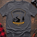 Charcoal cotton hiking t-shirt with Unmarked Trail Society badge, winding trail, mountains, pine trees, and "Members Get Lost on Purpose" text