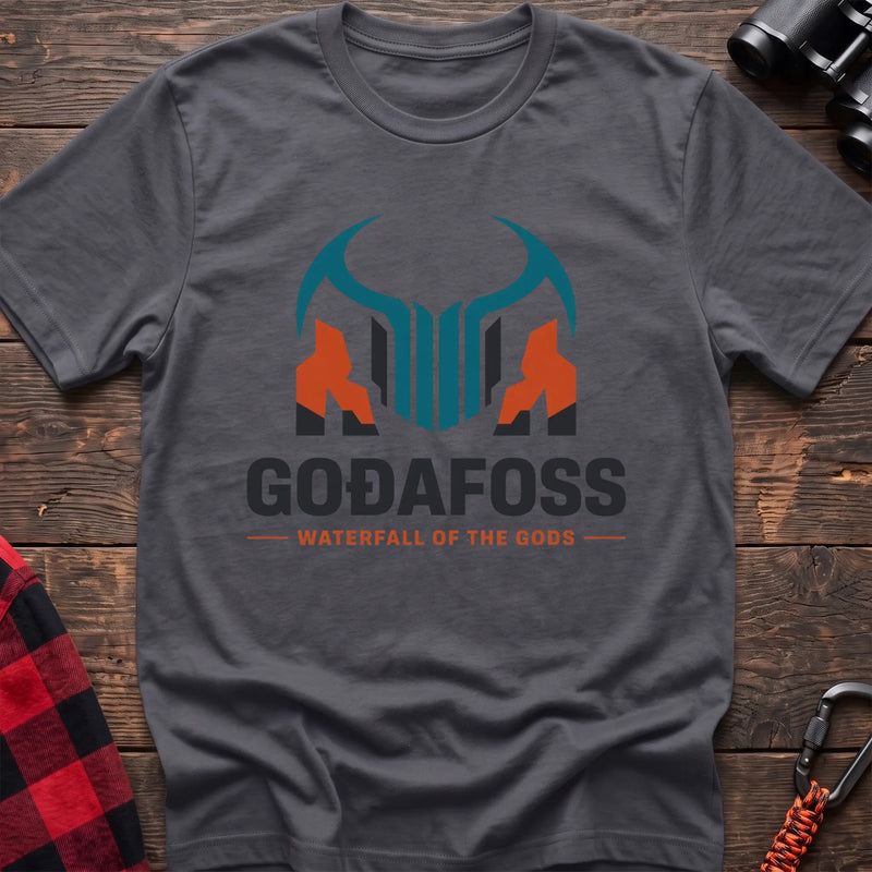 Charcoal cotton t-shirt with a basalt column graphic and Svartifoss Basalt and Bad Weather text on rustic wood