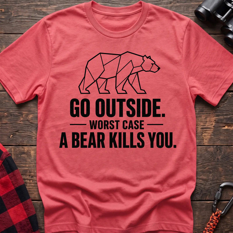 Coral silk cotton hiking t-shirt with geometric bear graphic and "Go outside worst case a bear kills you" quote