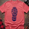 Coral silk t-shirt with white boot print graphic reading Take the Long Way Home