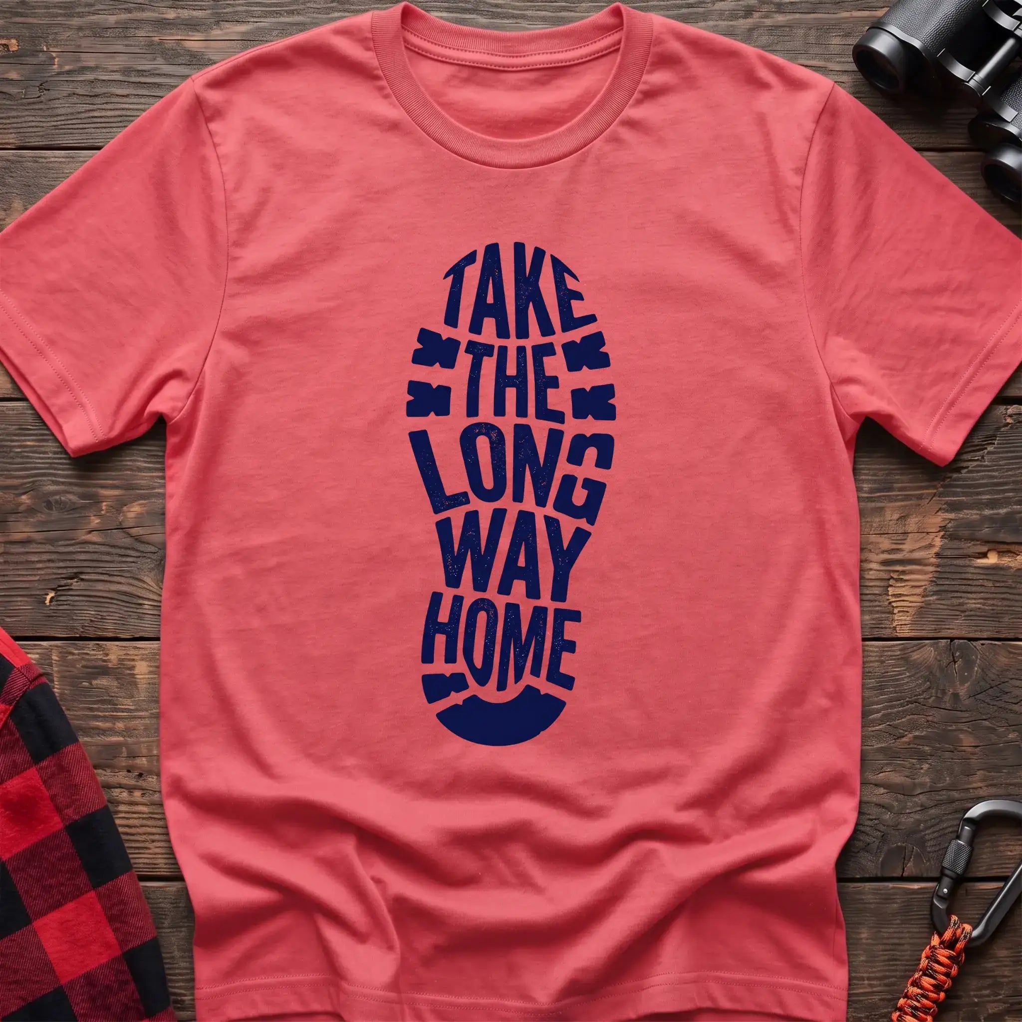 Coral silk t-shirt with white boot print graphic reading Take the Long Way Home