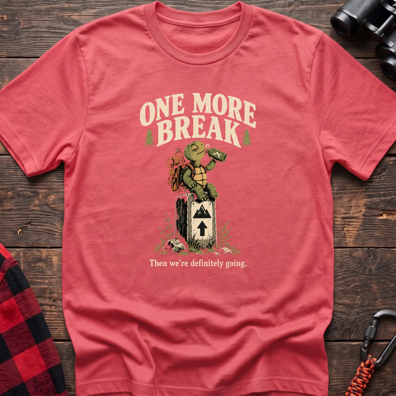 Coral silk cotton t-shirt with a hiking turtle graphic and One More Break text on rustic wood