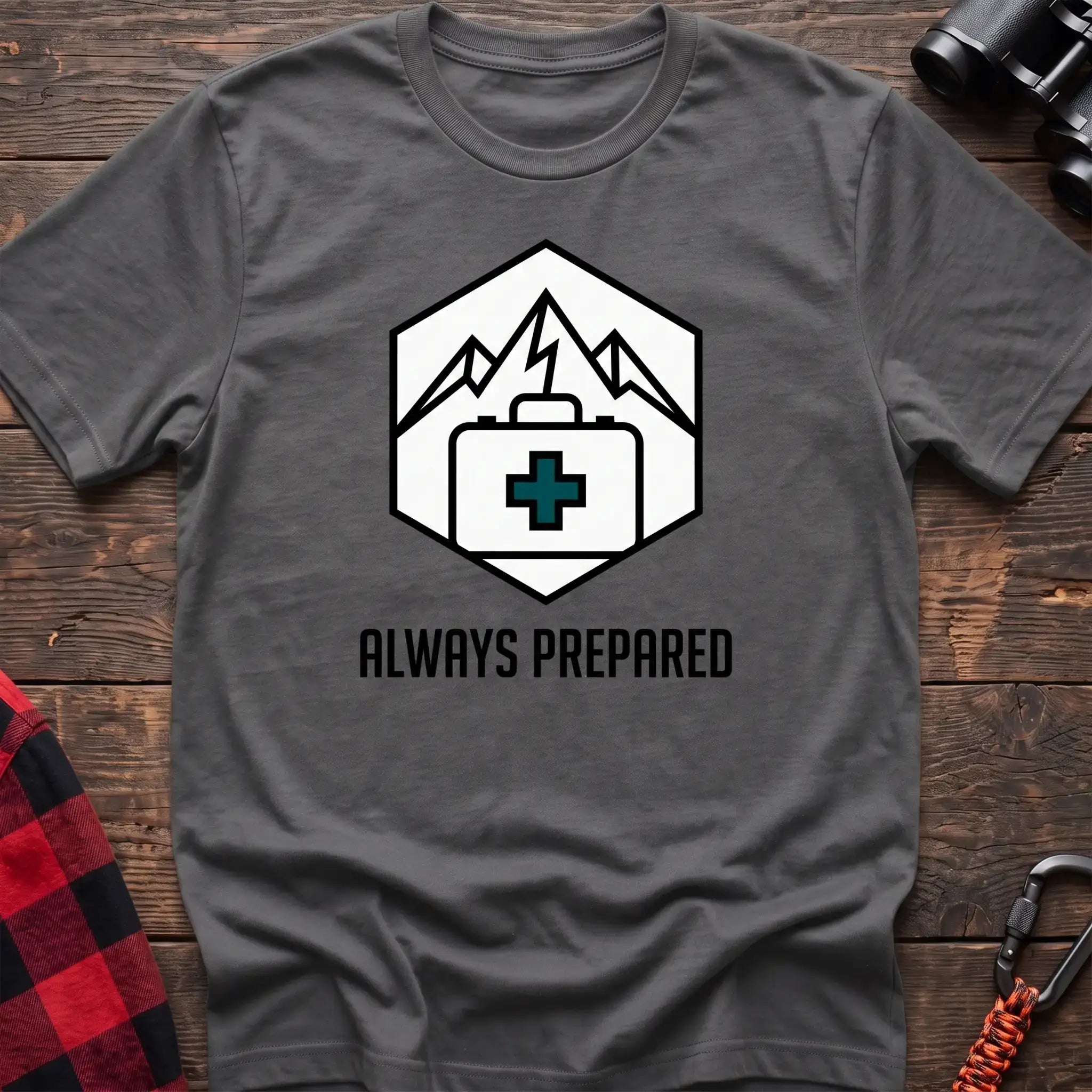 Graphite heather t-shirt with hexagonal badge graphic of mountains and a first aid kit, reading Always Prepared