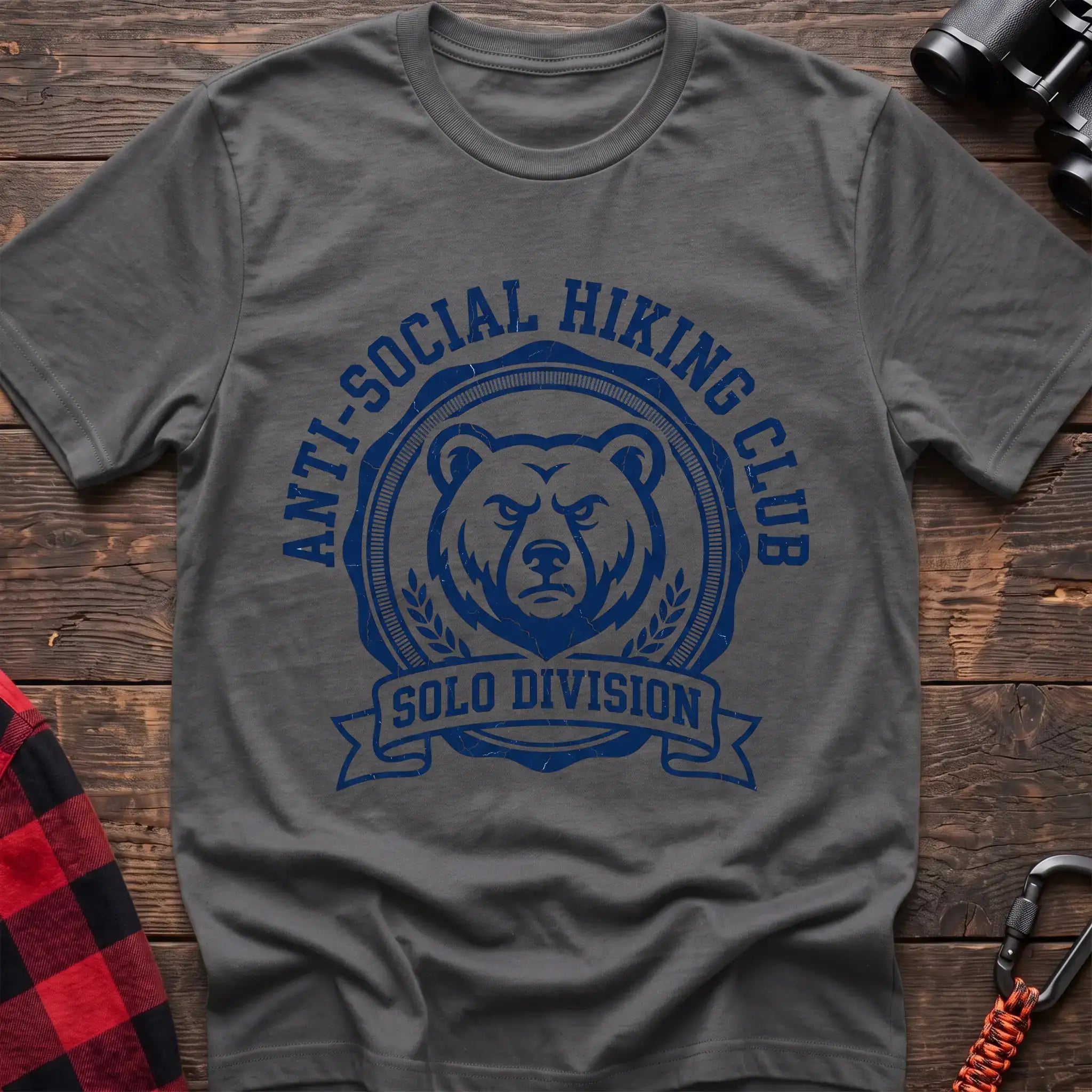 Graphite heather t-shirt with circular badge of a serious bear face reading Anti-Social Hiking Club Solo Division