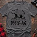 Graphite heather t-shirt with topographic bear standing on a mountain peak and the text Elevated Isolation