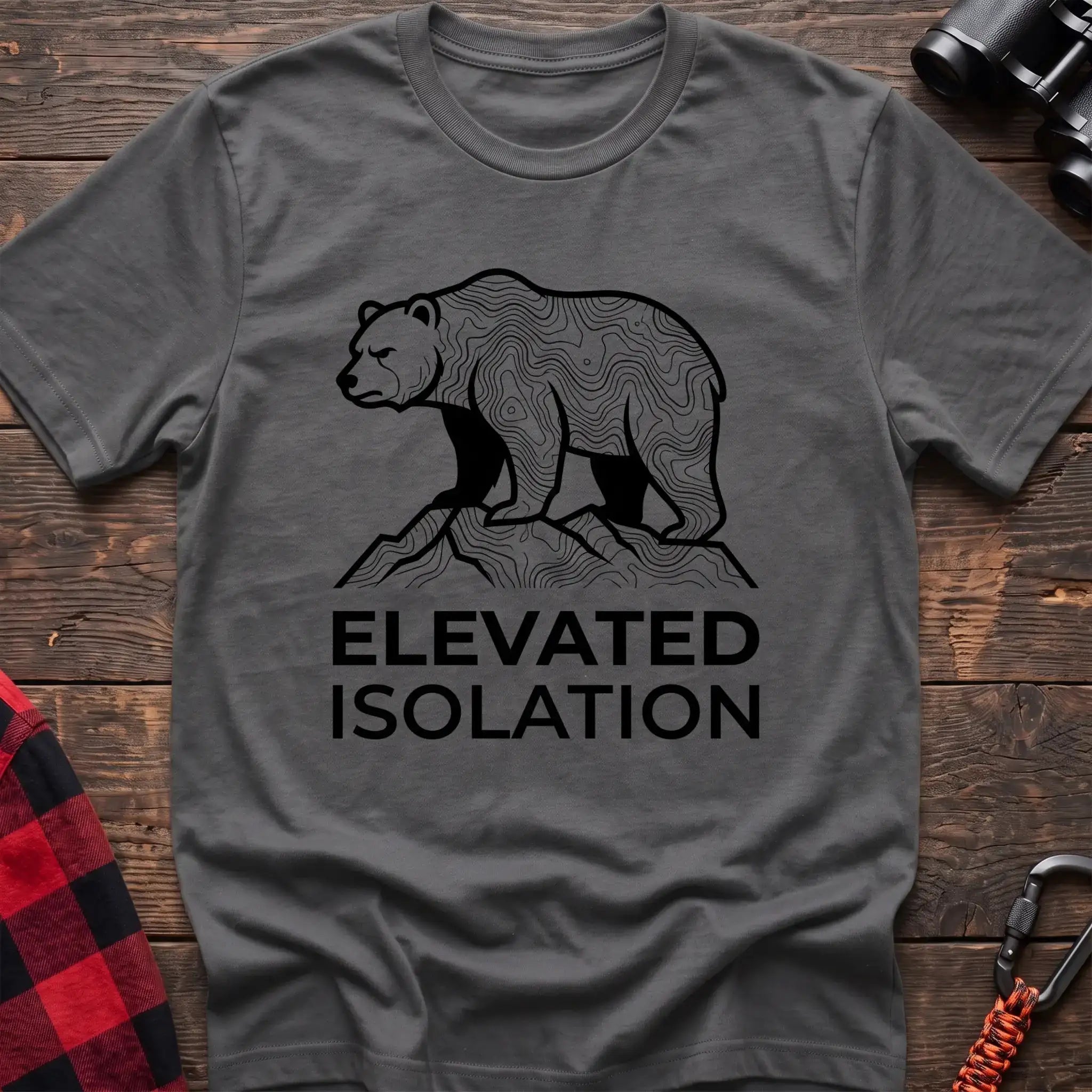 Graphite heather t-shirt with topographic bear standing on a mountain peak and the text Elevated Isolation