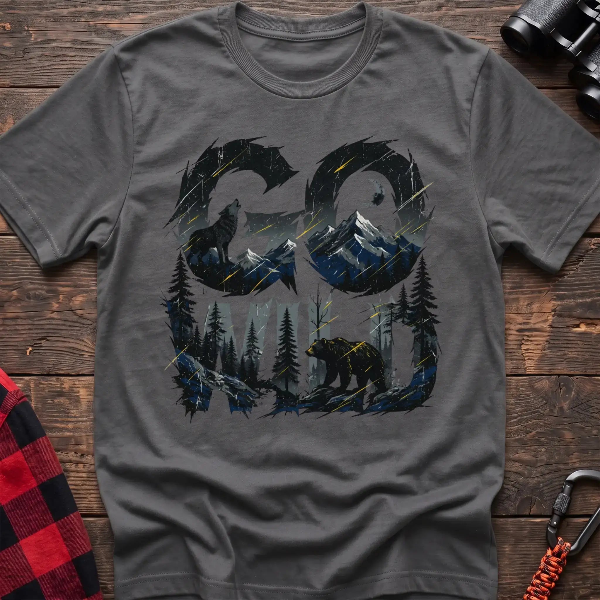 Graphite heather t-shirt with wilderness scene of a howling wolf and bear integrated into the text Go Wild
