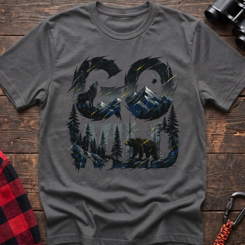 Graphite heather t-shirt with wilderness scene of a howling wolf and bear integrated into the text Go Wild