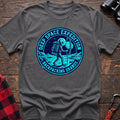 Graphite heather t-shirt with circular badge graphic of an alien backpacking on Uranus, reading Deep Space Expedition Backpacking Uranus