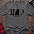 Graphite heather t-shirt with large black text reading Elevation and GPS coordinates with Forward Motion Only