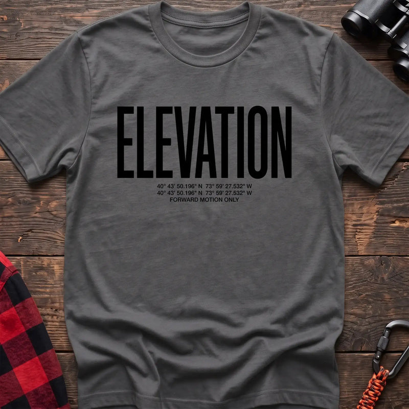 Graphite heather t-shirt with large black text reading Elevation and GPS coordinates with Forward Motion Only