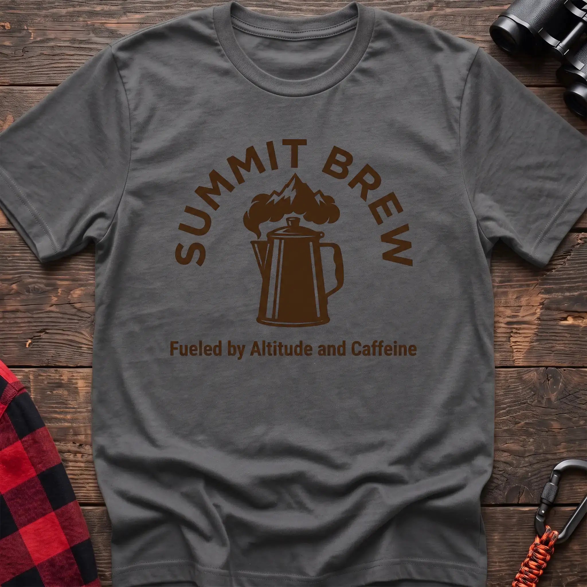 Graphite heather t-shirt with brown coffee percolator and mountain graphic reading Summit Brew Fueled by Altitude and Caffeine