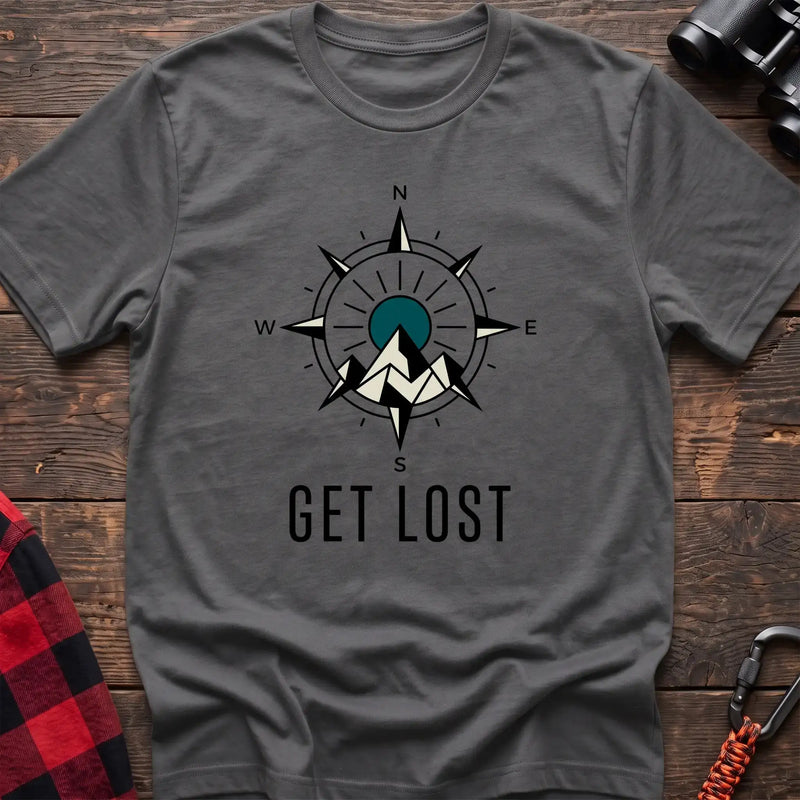 Graphite heather t-shirt with compass rose graphic featuring mountains in the center and the text Get Lost