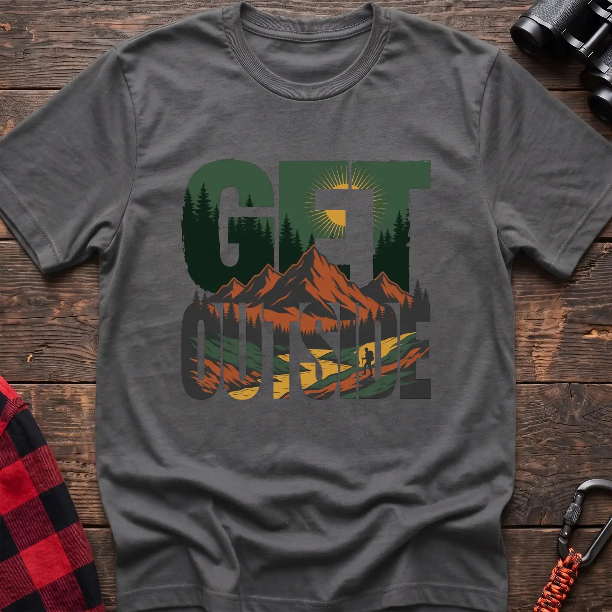 Graphite heather t-shirt with layered mountain landscape graphic integrated into the text Get Outside