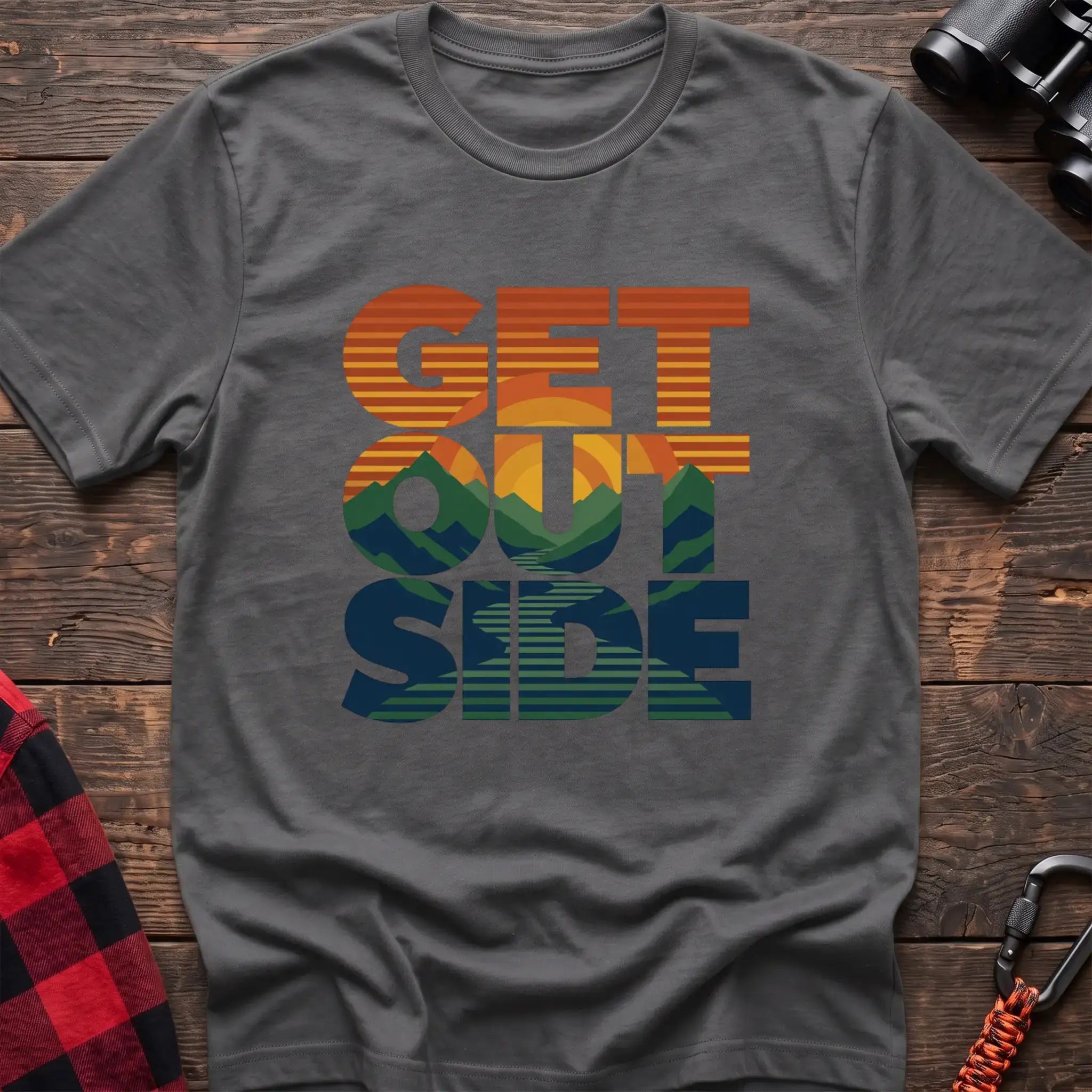 Graphite heather t-shirt with retro sunset and mountain graphic integrated into the text Get Outside