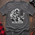 Graphite heather t-shirt with circular Japanese-style mountain and wave graphic featuring hikers and the text Hike the Peak