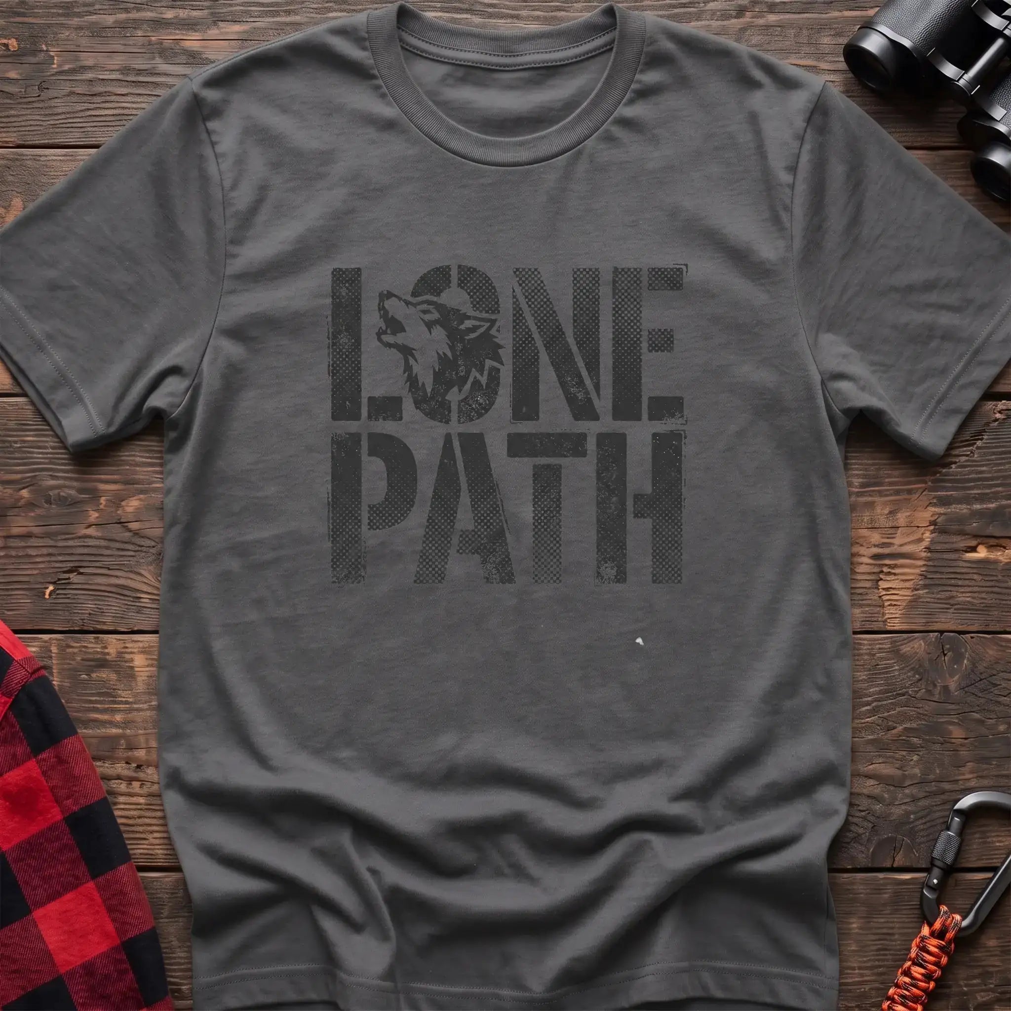 Graphite heather t-shirt with distressed text reading Lone Path and a wolf silhouette in the letter O