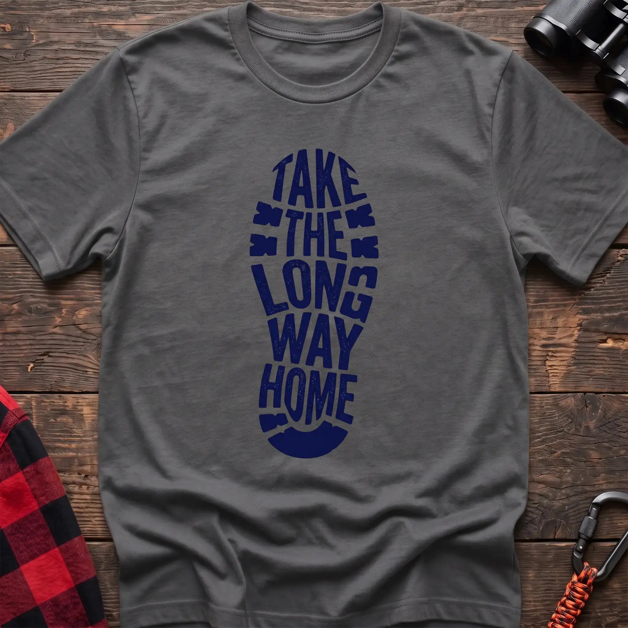 Graphite heather t-shirt with white boot print graphic reading Take the Long Way Home