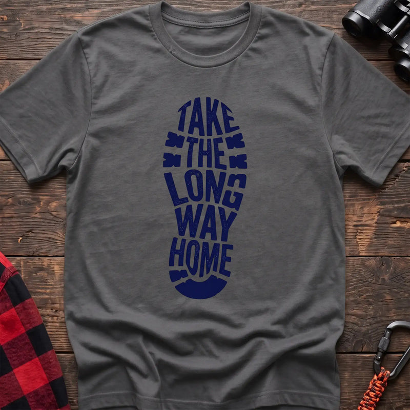 Graphite heather t-shirt with white boot print graphic reading Take the Long Way Home