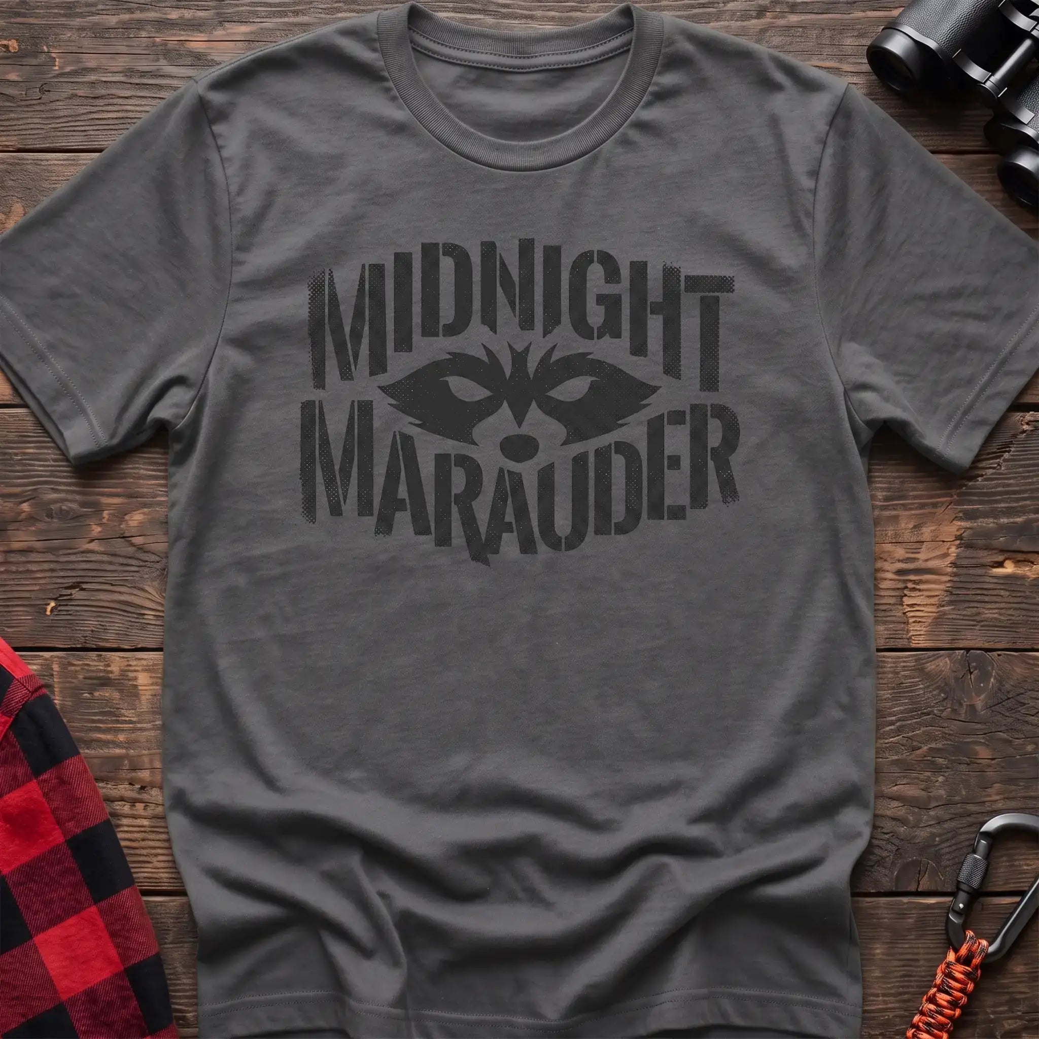 Graphite heather t-shirt with dark raccoon face graphic and the text Midnight Marauder