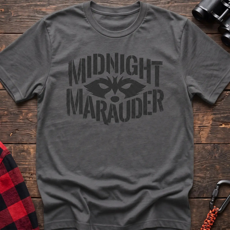 Graphite heather t-shirt with dark raccoon face graphic and the text Midnight Marauder